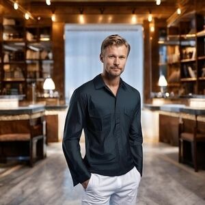 H&M Men's Black Button Front Dress Shirt L Long Sleeve 100% Cotton Good Plus